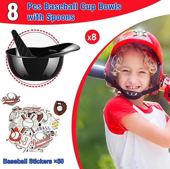 MEEZY 16 Set Baseball Helmet Ice Cream Bowls with 8 Mini Dessert Cups and 8 Spoons, 8oz Reusable Baseball Cap Snack Dessert Cup Bowls Baseball Party Favors for Kids Sports Birthday Party Supplies