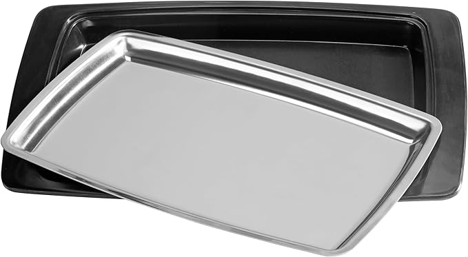 New Star Foodservice 26672 Rectangular Stainless Steel Sizzling Platter with Insulated Holder, 11" x 7.25", Black