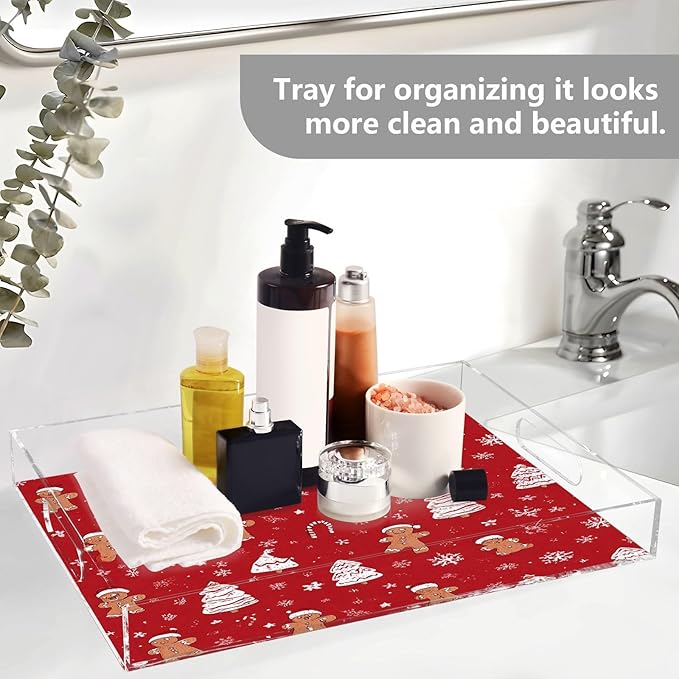 Serving Tray with Handles Clear Acrylic Tray 12x16 Inch Decorative Rectangular Tray Organizer for Ottoman Coffee Table Bathroom Gingerbread Christmas Tree01