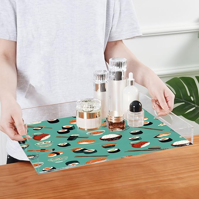 Serving Tray with Handles Clear Acrylic Tray 12x16 Inch Decorative Rectangular Tray Organizer for Ottoman Coffee Table Bathroom Teal Sushi