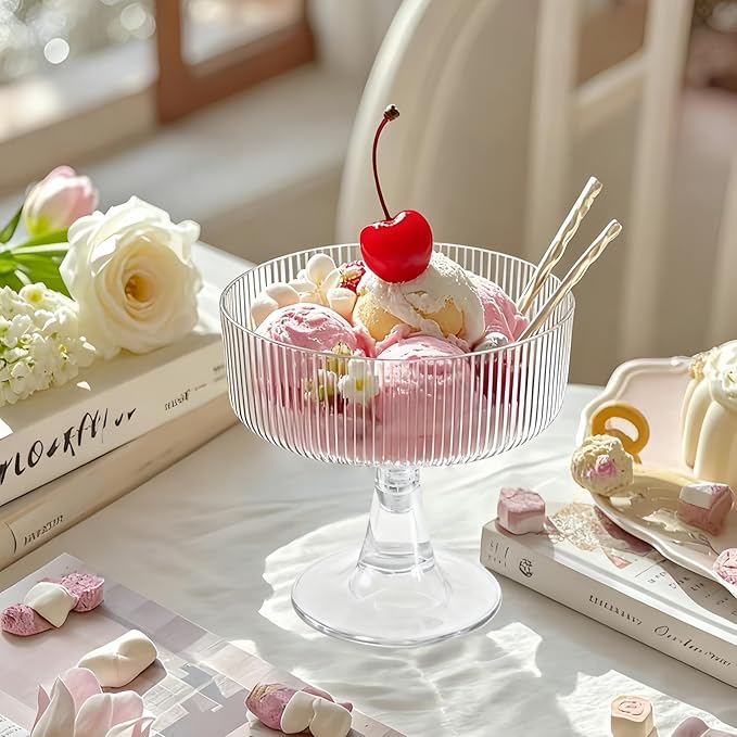 40 Pack 6.8 oz Clear Ribbed Dessert Cups with Spoons, Ice Cream Bowl with Retro Stripes, Mini Dessert Shooter for Pudding Fruit, Elegant Parfait/Sundae Bowls for Christmas Party & Home Use