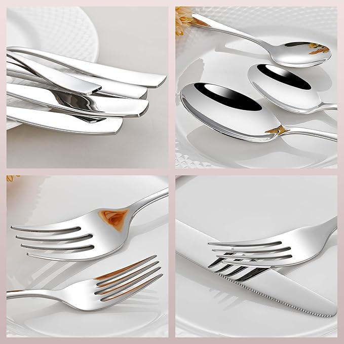65-Piece Heavy Duty Flatware Set for 12, 18/10 Stainless Steel Silverware Set and Serving Utensils Set, Dishwasher Safe, Weighted Silverware Knife Fork and Spoon Set