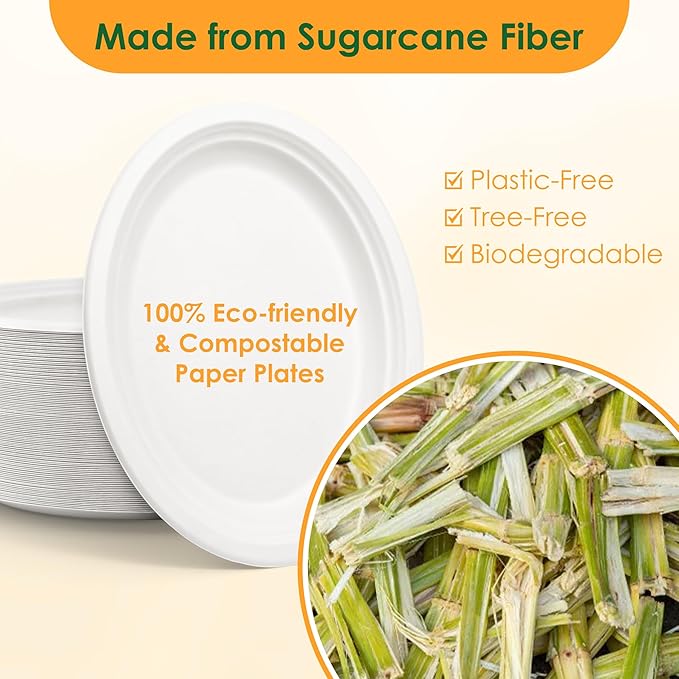 Disposable Oval Paper Plates, 25Pack 12.5inch Biodegradable Paper Plates, Compostable Heavy Duty Bagasse Platters Eco-Friendly Sugarcane for BBQ, Party, Picnic - White