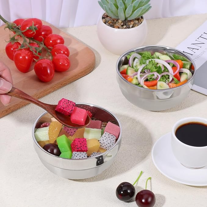6 Pcs 18/8 Stainless Steel Bowls 17 Oz Double Walled Insulated Soup Bowls 5 Inch Metal Serving Eating Bowl Snack Cereal Bowl for Soup Cereal Ice Cream Rice Salad Snacks