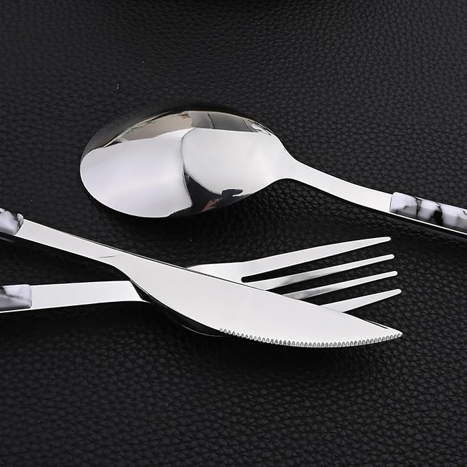 30pcs Marble Handle Flatware Set, Stainless Steel Cutlery Set Include Knife/Fork/Spoons, Mirror Polish, Service for 6 (White Silver)