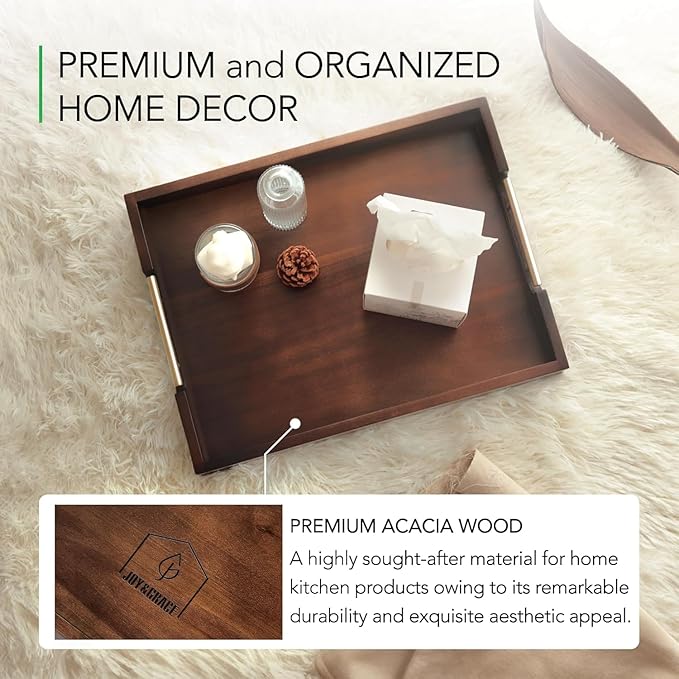 Joy&Grace Ottoman Tray for Living Room, Large Acacia Wooden Serving Tray with Handles for Coffee Table, Breakfast in Bed, Food Dinner, Decorative Tray (Color Brown, 16.7" x 12.8" x 2")