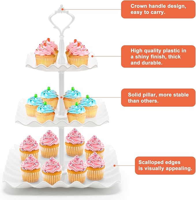 Coitak 3 Tier Cupcake Stand, Plastic Tiered Serving Stand, Wavy Dessert Tray for Tea Party, Birthday and Wedding (Pure White)