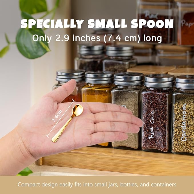 Small Spoons for Spice Jars 6 Pcs Mini Spoons Set, 2.9 Inch SUS 304 Stainless Steel Tiny Spoon for Spices, Salt, Pepper, Condiment, Sugar, Honey, Coffee (Gold)