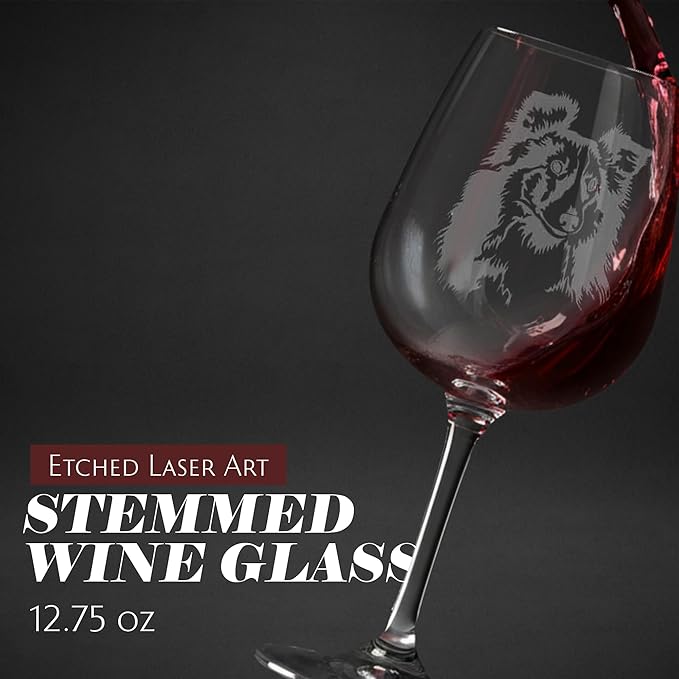 Etched Laser Art Personalized Dog Themed Etched Wine Glass - Custom Dog Breed Wine Glasses, Ideal for Pet Lovers, Unique Birthday Gift for Men & Women, Personalized Gift - Shetland Sheepdog, 12.75 oz
