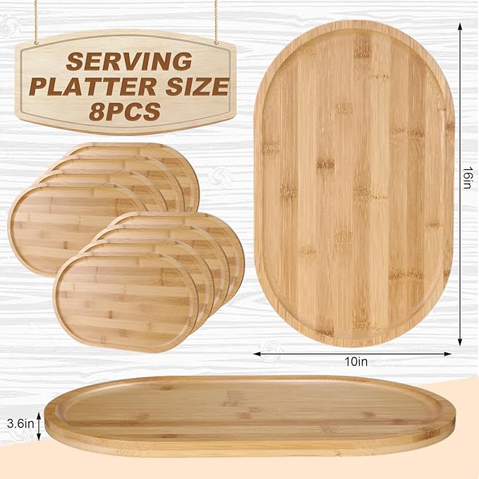 Tanlade 8 Pieces Bamboo Serving Tray Oval Bamboo Serving Tray Rustic Wood Trays for Crafts Large Christmas Decorative Wooden Platter for Tea Coffee Table Cup Food Kitchen Dessert Veggie, 16 x 10 Inch