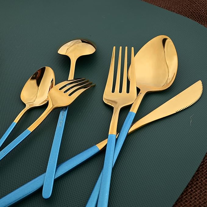 36pcs Silverware Set, 18/10 Stainless Steel Serving Flatware With Curved Handle For 6, Durable Eating Utensils For Home Entertaining, Mirror Polished (Blue Gold)