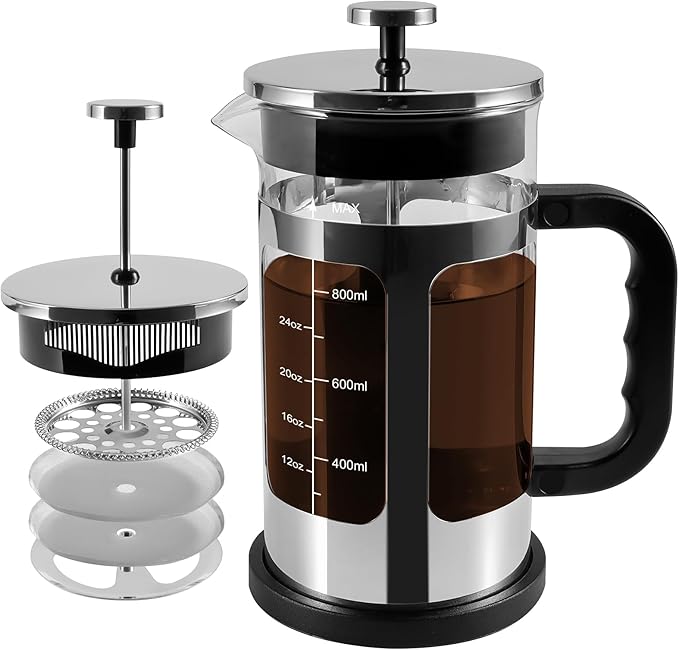 French Press Coffee Tea Maker， Upgrade Heat Cold Resistant Thickened Glass with 4 Level Stainless Steel Filtration System Brew Coffee & Tea， BPA Free, Large 1000ml 34oz, (Silver)