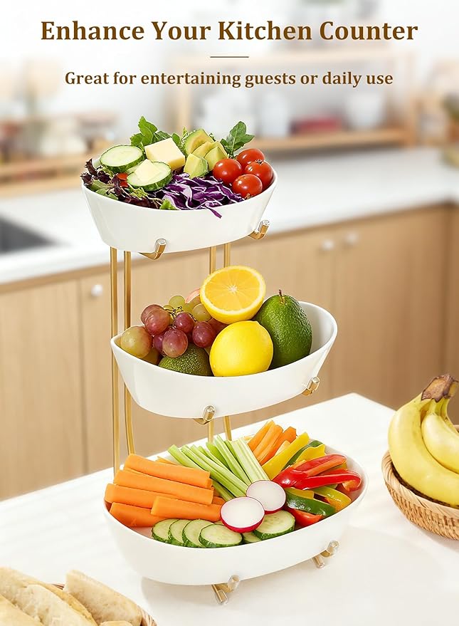 Yedio 3 Tier Fruit Bowl for Kitchen Counter, No Assembly Required Ceramic Fruit Basket with Metal Stand, Tiered Fruit Stand for Countertop for Fruit, Veggies, Snacks, Cake & Desserts