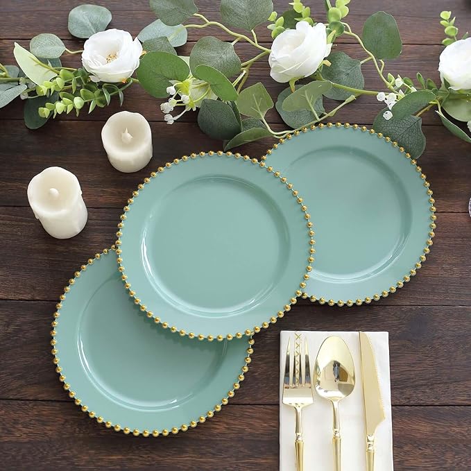 8" Salad Plates - Set of 20 - Plastic Dusty Sage Green/Gold Round Disposable Dessert Appetizer Plate Beaded Rim, Ideal for Dinner Party Wedding Bulk Events