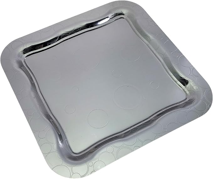 (Pack of 2) 13.4 inch x 13.4 inch Square Chrome Plated Silver Serving Tray Stylish Design Floral Line Bubble Engraved Edge Decorative Birthday Dessert Buffet Platter Plate NC-007
