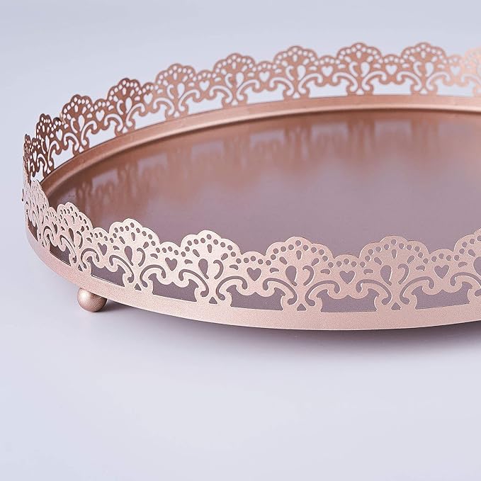 Plastic Round Premium Decorative Serving Tray with Embellished Rims - Rose Gold
