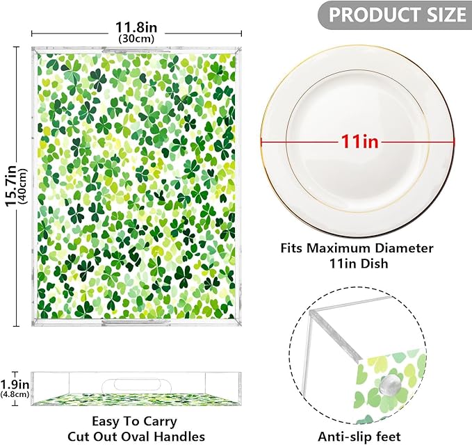 Serving Tray with Handles Clear Acrylic Tray 12x16 Inch Decorative Rectangular Tray Organizer for Ottoman Coffee Table Bathroom Bright Green Clover St. Patrick