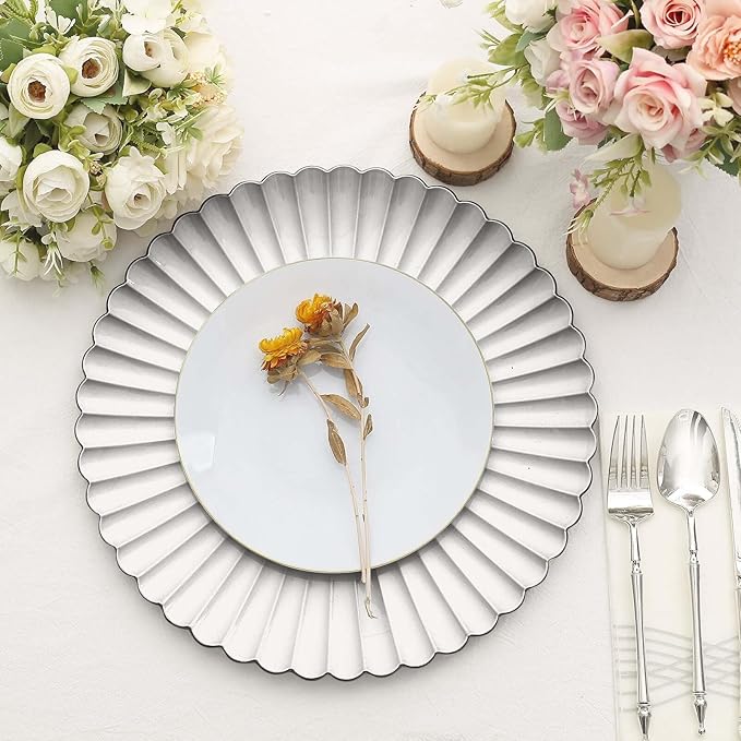 Efavormart 6 Pack | 13" Silver Scalloped Shell Pattern Plastic Serving Plates, Round Disposable Charger Plates