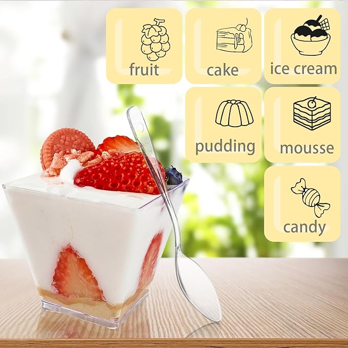 50 Pack 3.5 oz Square Dessert Cups with Spoons, Mini Plastic Parfait Appetizer Cups, Clear Reusable Small Shooter Cups, Serving Bowls for Tasting Party Samples Dessert Shot Glasses