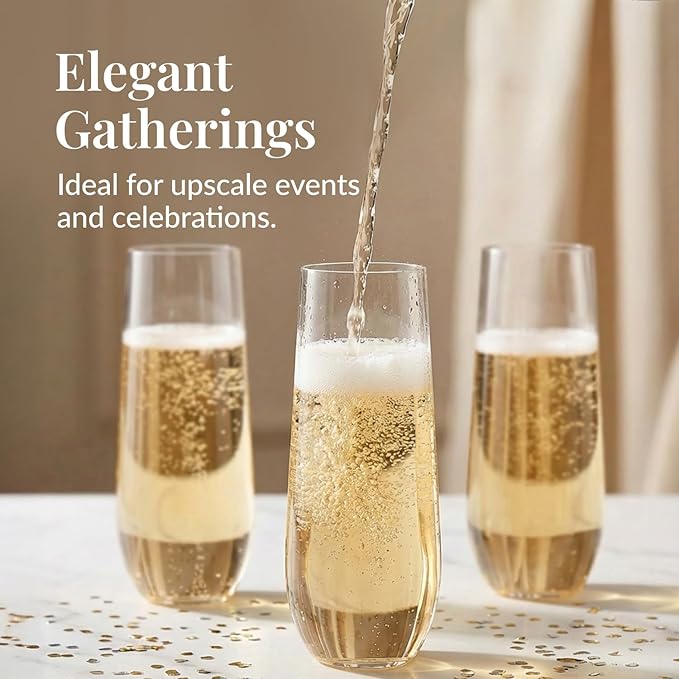 Prestee 48 Pack Plastic Champagne Flutes 9 oz - Stemless Disposable Champagne Flutes for Cocktails Mimosa Bar and Party Supplies - Clear Shatterproof Plastic Wine Glasses for Wedding and Summer Party