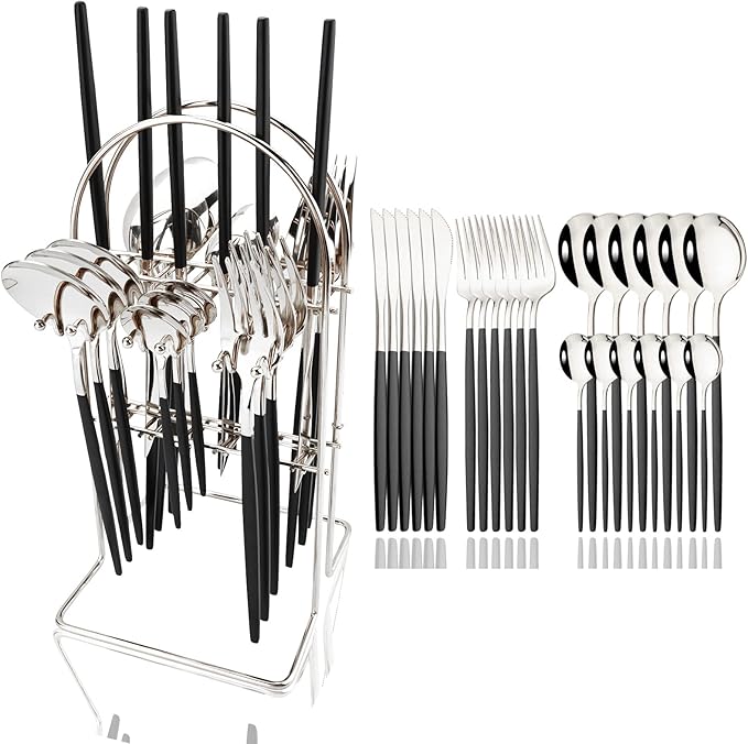 JASHII 24-piece Forks and Spoons Silverware Set with Stand, Metal Tableware Cutlery Set Titanium Black and Silver Plated Stainless Steel Flatware Set,Service for 6,Mirror Polished