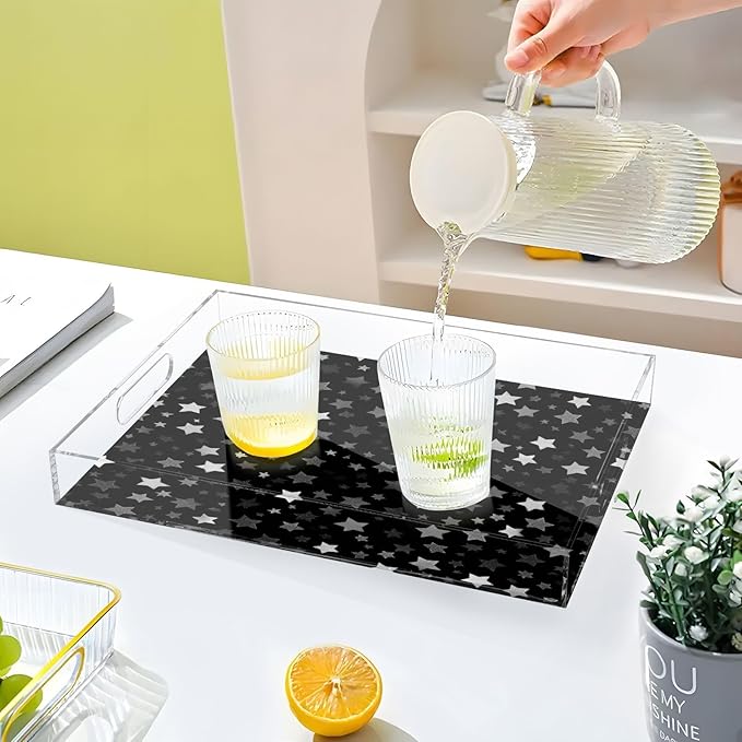 Serving Tray with Handles Clear Acrylic Tray 12x16 Inch Decorative Rectangular Tray Organizer for Ottoman Coffee Table Bathroom Cute Silver and Gray Stars