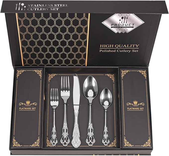 Retro Royal Silverware Set With Gift Box For 8 Cutlery Set Utensils Stainless Steel Flatware 40 Pieces MIKIWAY Kitchen Tableware Set For Gifts Festive, Dishwasher Safe, Mirror Polishing