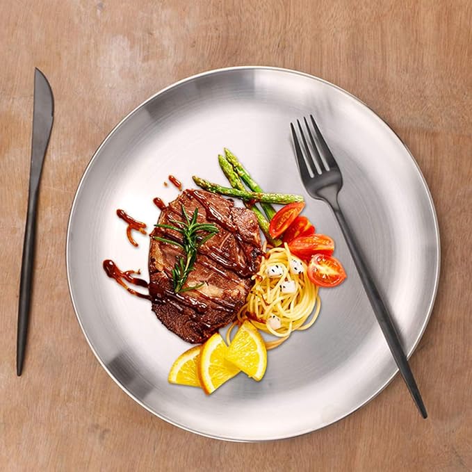 Stainless Steel Plate 2 Set Reusable Round Metal Dinner Plates 13.5 Inch - Vintage Silver Heavy Duty Kitchenware Dinner Dishes for Snack,Camping,BBQ Steak,Dishwasher Safe