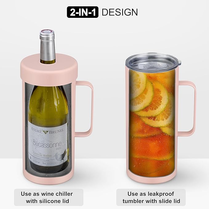 MAXSO 42oz Wine Chiller Iceless Cooler Tumbler - Gift for Wine Lovers, 2-IN-1 Stainless Steel Vacuum Insulated Bucket Portable Mug Cup Wine Accessory Keep Cold, Fit Most 750ml Wine & Champagnes, Pink