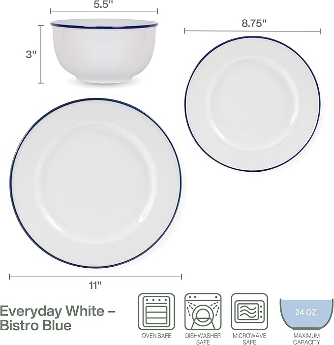 Everyday White by Fitz and Floyd Bistro Blue Band 12 Piece Dinnerware Set, Service for 4