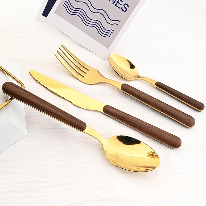24 Pieces Mirror Gold Flatware Set With A Cutlery Stand, Hanging Silverware With Round Wooden Handle Include Knife/Fork/Spoon/Teaspoon, Service For 6