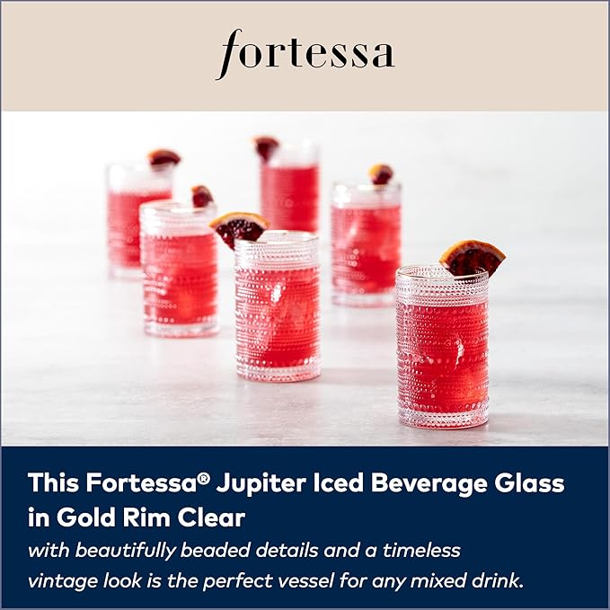 Fortessa Jupiter Beaded Hobnail Glass, 13 Ounce Iced Beverage (Set of 6), Gold Rim Clear