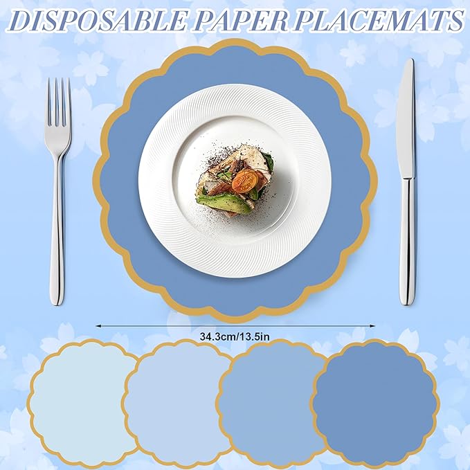 100 Pcs Dusty Blue Paper Placemats 13.5 Inch Disposable Scalloped Colorful Pastel Round Table Place Mats with Gold Edges, Decorative Colors Mats for Birthday Wedding Baby Shower Banquet Tea Party