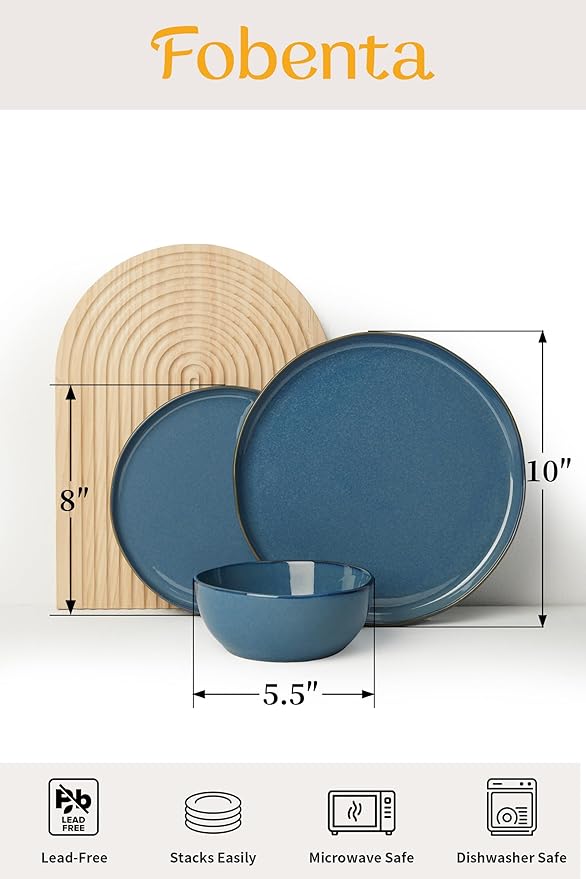 24 Piece Dark Ceramic Dinnerware Set,Slate Blue Plates and Bowls Set for 8 – Minimalist Dish Sets for Hosting with Edge and Elegance