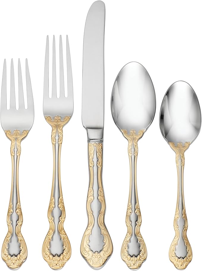 Oneida Silverware Set, Golden Mandolina 45 Piece Fine Flatware Set, Service For 8, 18/10 Stainless Steel, Dishwasher Safe, Knives Spoons And Forks Set, Home And Kitchen Utensils(Silver/Gold, 45 Piece)