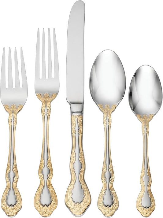 Oneida Silverware Set, Golden Mandolina 45 Piece Fine Flatware Set, Service For 8, 18/10 Stainless Steel, Dishwasher Safe, Knives Spoons And Forks Set, Home And Kitchen Utensils(Silver/Gold, 45 Piece)