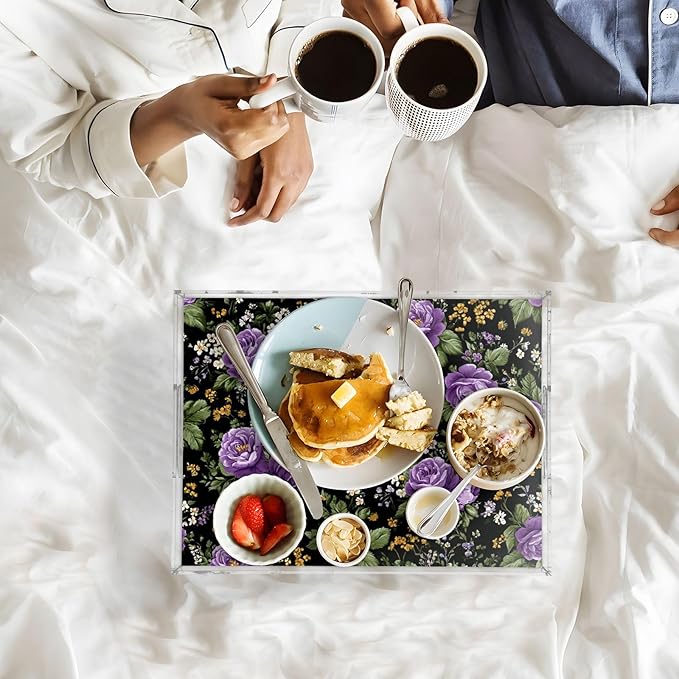 Serving Tray with Handles Clear Acrylic Tray 12x16 Inch Decorative Rectangular Tray Organizer for Ottoman Coffee Table Bathroom Vintage Floral Purple Roses