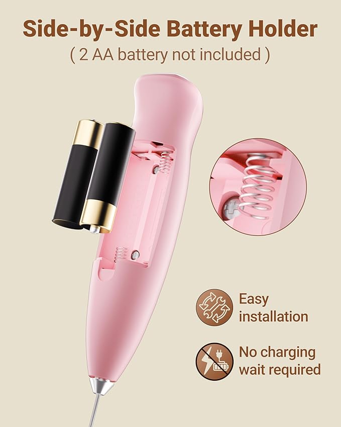 Milk Frother With Stand Handheld Frother Wand Drink Mixer Handheld Coffee Stirrers Electric Frother for Coffee Mixer Wand with 2 Whisk frother for protein powder-Pink