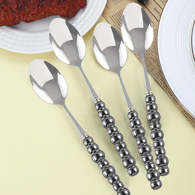 Stainless Steel Spoons, Stainless Steel Ceramic Handle Spoon, Korean Dessert Spoon with Imitation Pearl Handle, 8.4 Inches, 4 Pieces,Black.