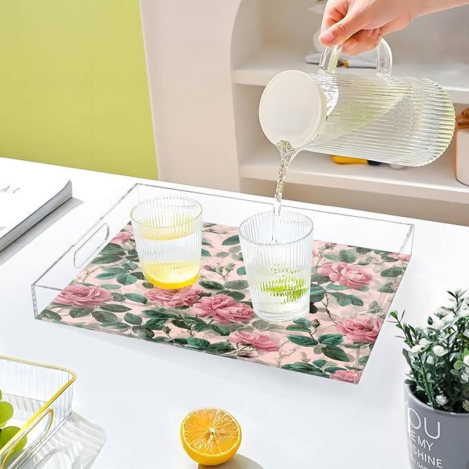 Serving Tray with Handles Clear Acrylic Tray 12x16 Inch Decorative Rectangular Tray Organizer for Ottoman Coffee Table Bathroom Pink Vintage Roses with Leaves
