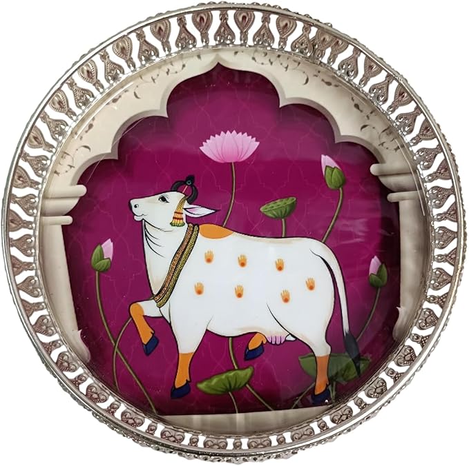 German Silver Tray 8 Inches – Pichwai Cow Design | Decorative Round Metal Plate for Pooja, Dry Fruits & Gifting | Traditional Serving Tray for Home Décor (Silver)