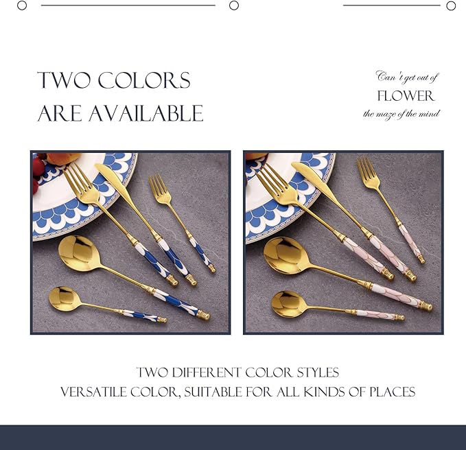 40-piece luxury gold flatware set for 8, 18/8 stainless steel silverware set, cutlery set with ceramic handle，forks and spoons for family wedding party，dishwasher safe