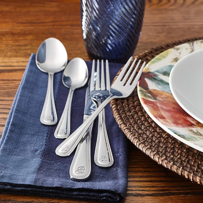 RiverRidge Monogrammed Beaded Flatware Set - X - 46-Piece Silverware with Custom Letter Stamp, 18/0 Stainless Steel Utensils Set for Daily Use & Special Occasions - Dishwasher Safe, Versatile Design