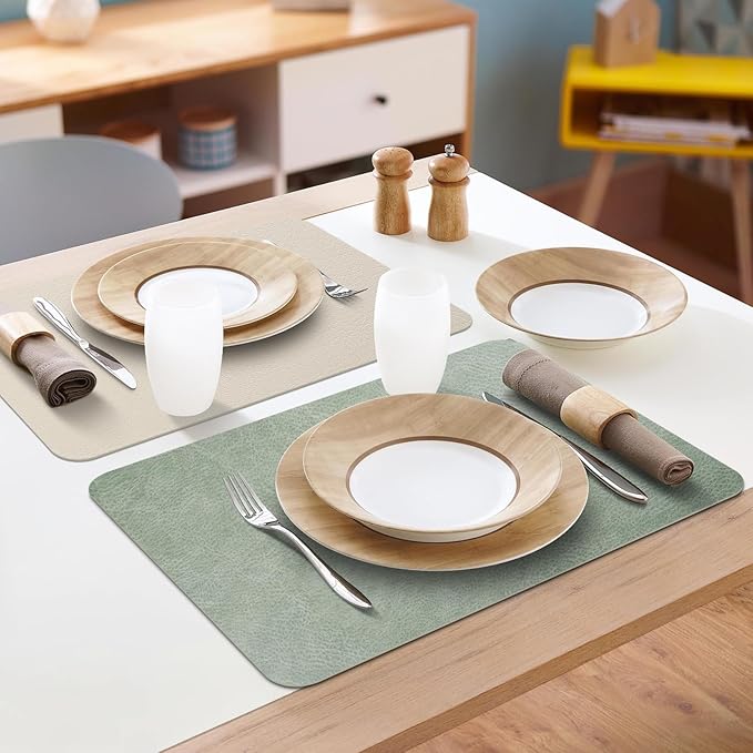 Faux Leather Placemats Set of 6 Table Mats Heat Resistant Reversible Place Mats, Waterproof Wipeable Dining Table Placemats for Home Party Outdoor, 16.9 x 11.8 Inch (Sage Green/White)