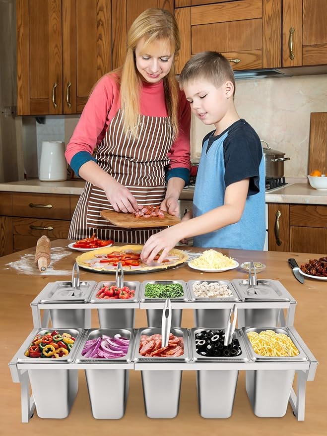 Kalolary 10 Pans Pizza Topping Storage Station, 2 Row Adjustable Stainless Steel Condiment Containers with Lids Spoons Ice Food Serving Display Container Salad Bar Buffet Station for Home Kitchen