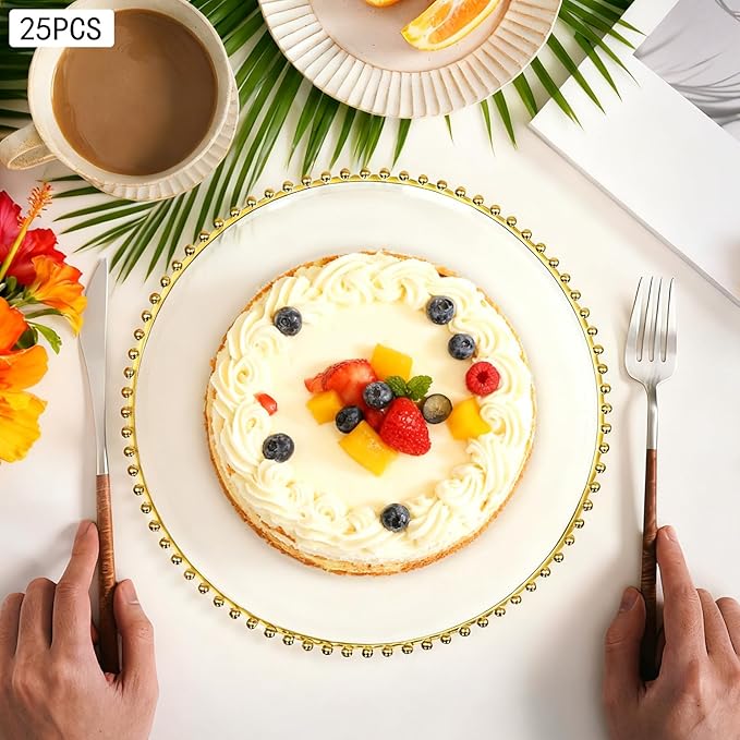 25 Pcs Clear Acrylic Round Charger Plates with Gold Trim Plastic Charger Plate Bulk for Dinner Table Plate for Parties Wedding Décor Placemats,13 Inch (25pcs-Gold-1)