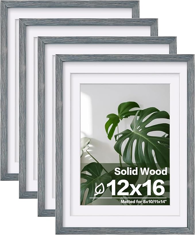 Egofine 12x16 Picture Frames Set of 4, Made of Solid Wood Covered by Plexiglass 9x12 and 11x14 with Mat or 12x16 without Mat, for Wall Mounting Photo Frame Rustic Blue