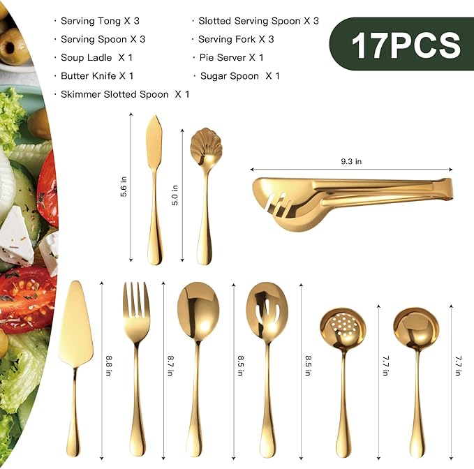 Gold Stainless Steel Serving Utensil Set, 17 Pcs, with Large Slotted/Spoon/Forks/Soup Ladle/Tongs/Pie Server/Butter Knife for Parties/Kitchen/Buffet/Catering