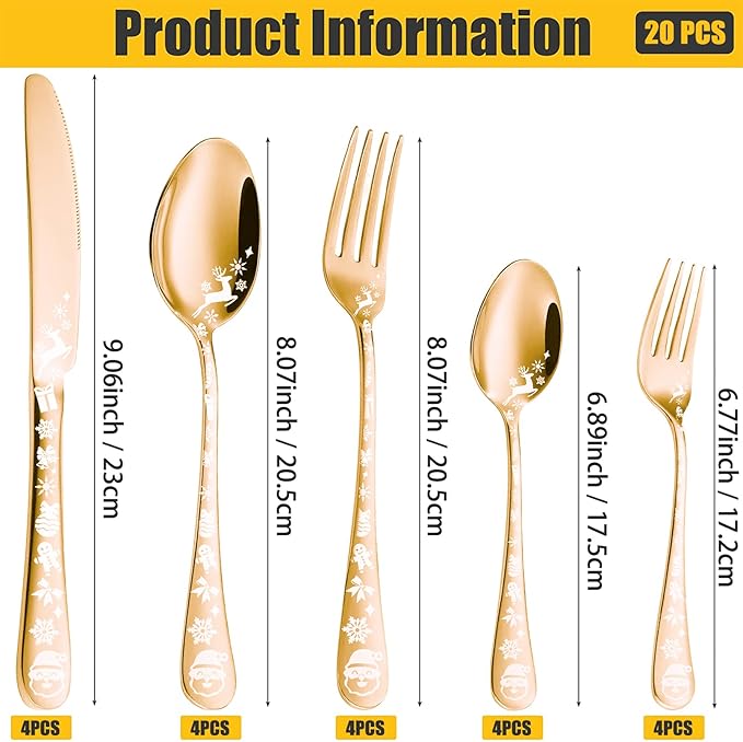 Vilihkc Christmas Style Silverware Set,20 Piece Stainless Steel Flatware Set, Kitchen Utensil Set Service for 4,Tableware Cutlery Set for Home and Restaurant,Dishwasher Safe
