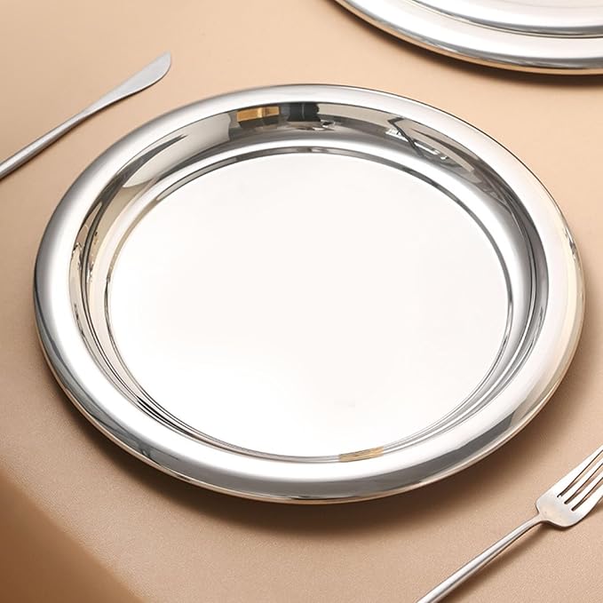 Stainless Steel Round Serving Tray, 35cm Mirror Polished Rustproof Tray with Smooth Edges for Drinks Snacks Desserts Whiskey Home Decor